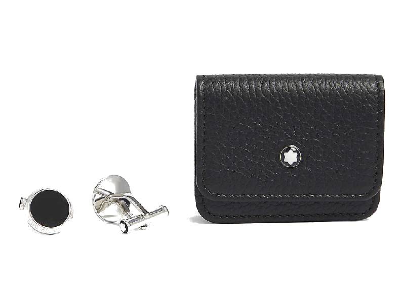 GIFT SET STAINLESS STEEL CUFFLINKS WITH ONYX SARTORIAL AND LEATHER POUCH MONTBLANC 118538
